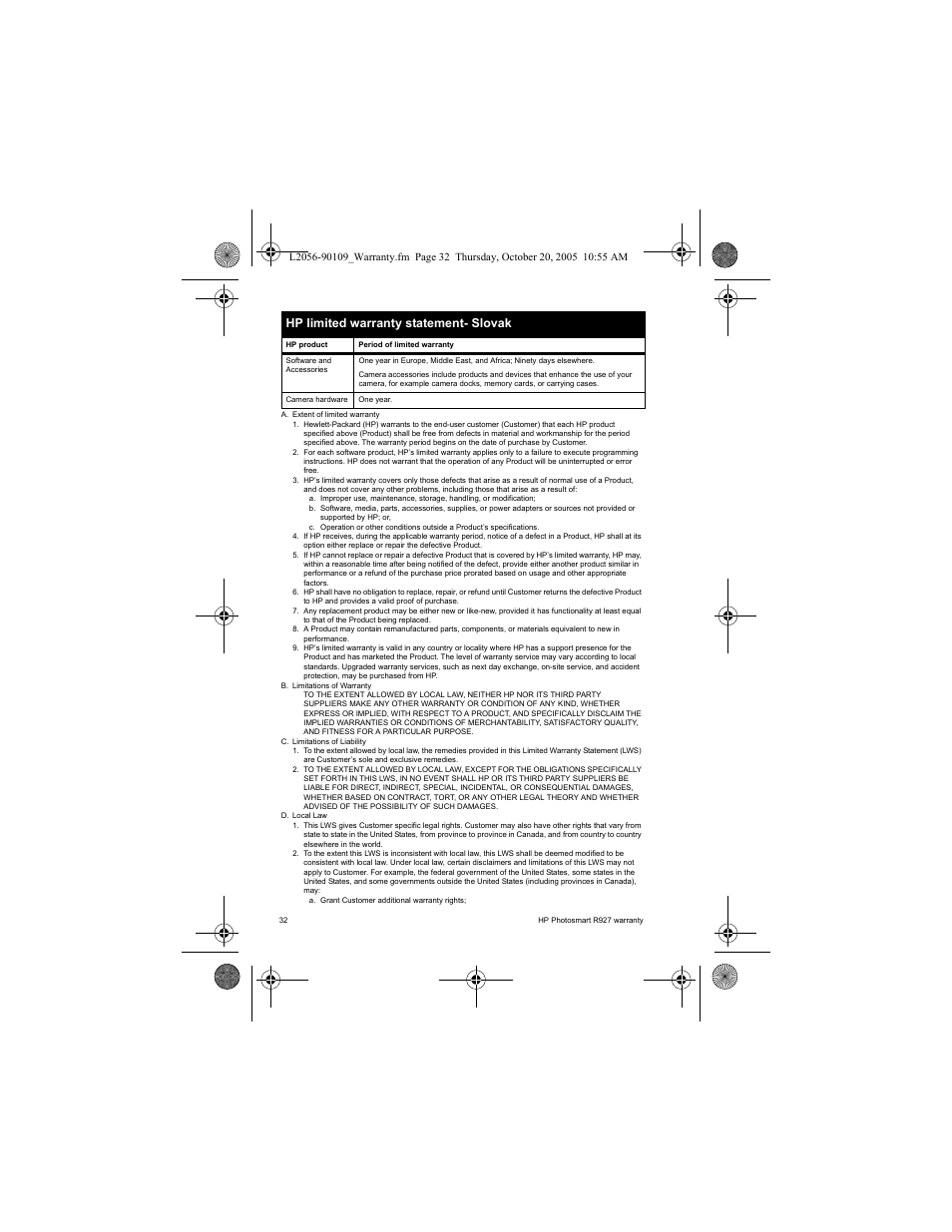 Hp limited warranty statement- slovak | HP Photosmart R927 R927 User Manual | Page 34 / 44