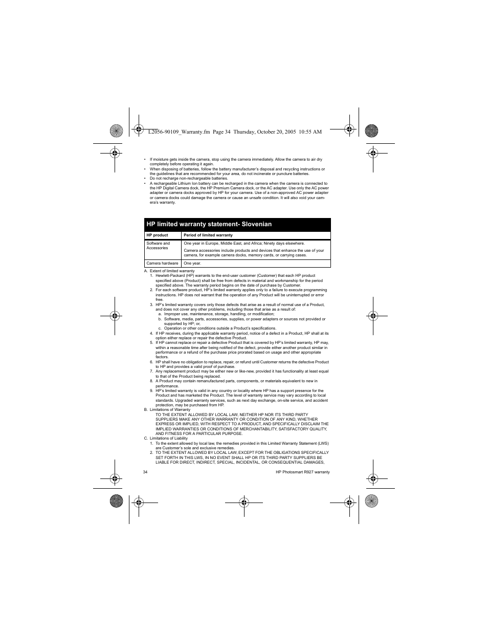 Hp limited warranty statement- slovenian | HP Photosmart R927 R927 User Manual | Page 36 / 44