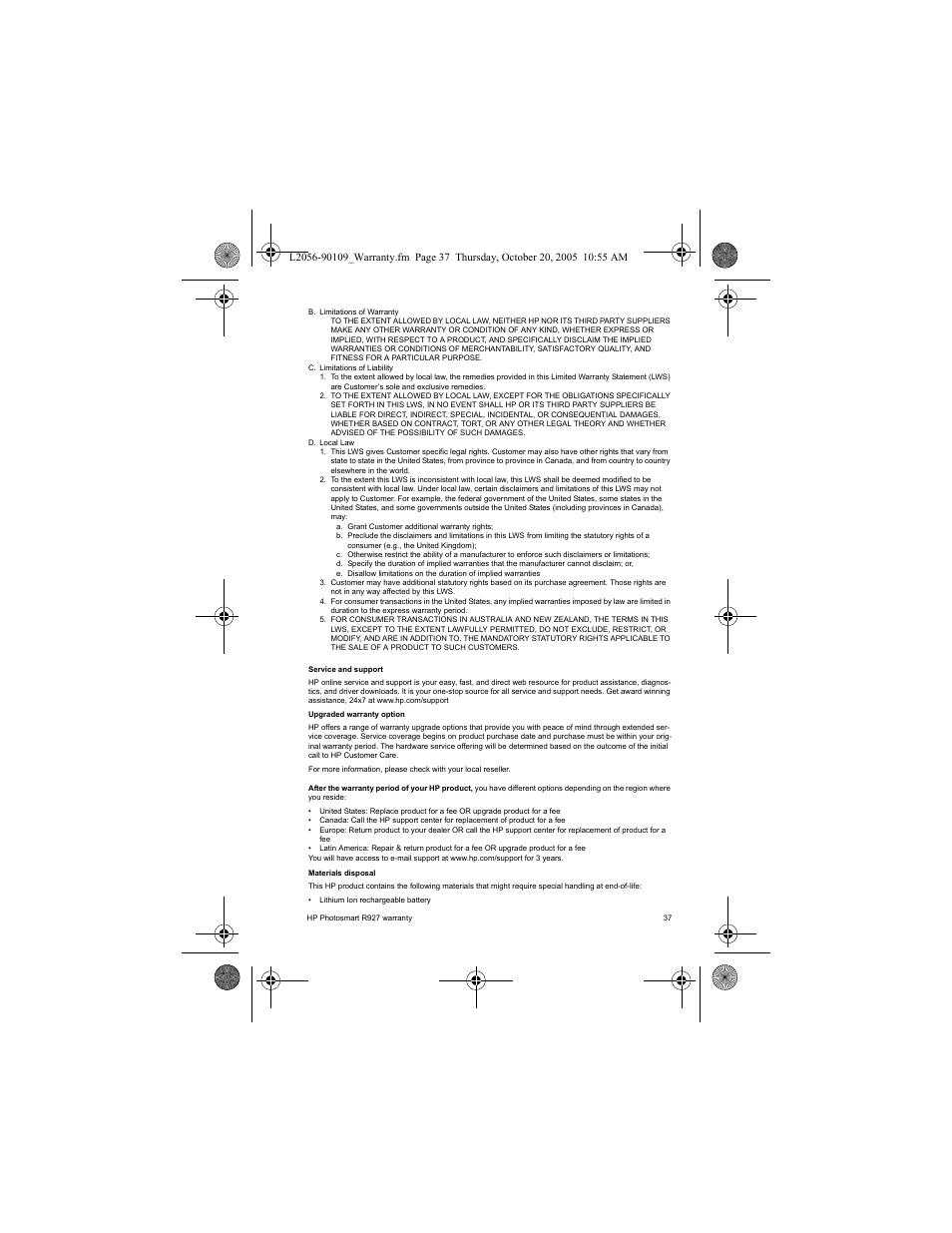 HP Photosmart R927 R927 User Manual | Page 39 / 44