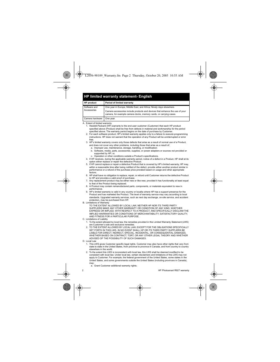 Hp limited warranty statement- english | HP Photosmart R927 R927 User Manual | Page 4 / 44