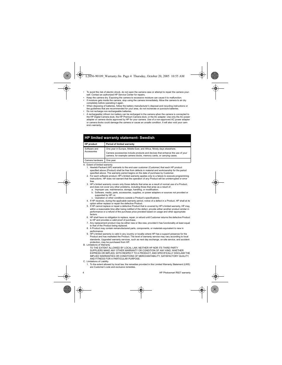 Hp limited warranty statement- swedish | HP Photosmart R927 R927 User Manual | Page 6 / 44