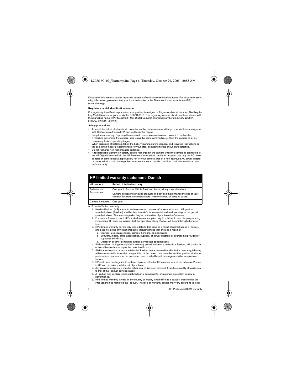 Hp limited warranty statement- danish | HP Photosmart R927 R927 User Manual | Page 8 / 44