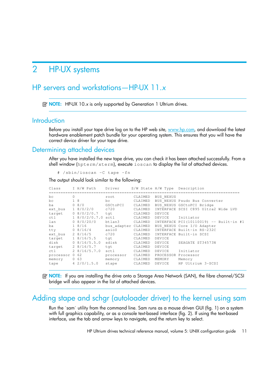 Hp-ux systems, Hp servers and workstations-hp-ux 11.x, Introduction | Determining attached devices, 2 hp-ux systems, Hp servers and workstations—hp-ux 11.x, Chapter 2, 2hp-ux systems, Hp servers and workstations—hp-ux 11. x | HP Ultrium tape drives Q1538-90925 User Manual | Page 11 / 34