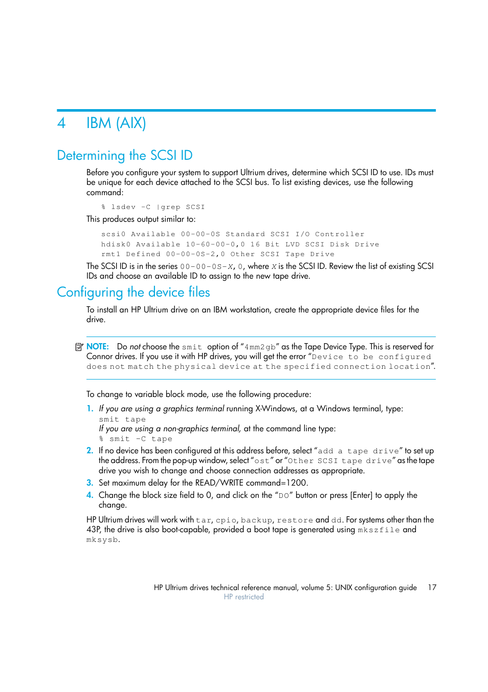 Ibm (aix), Determining the scsi id, Configuring the device files | 4 ibm (aix), Chapter 4, 4ibm (aix) | HP Ultrium tape drives Q1538-90925 User Manual | Page 17 / 34