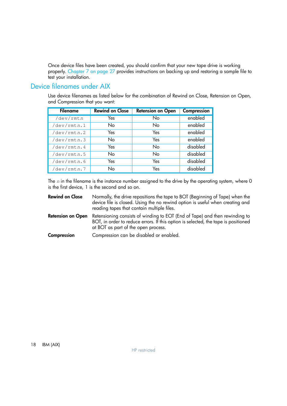 Device filenames under aix | HP Ultrium tape drives Q1538-90925 User Manual | Page 18 / 34