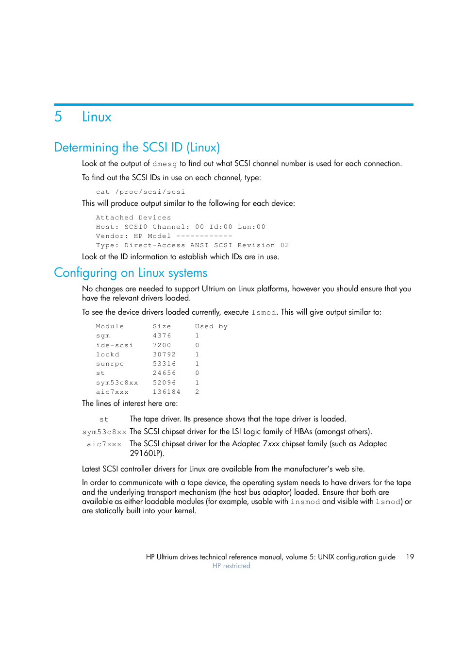 Linux, Determining the scsi id (linux), Configuring on linux systems | 5 linux, Chapter 5, 5linux | HP Ultrium tape drives Q1538-90925 User Manual | Page 19 / 34