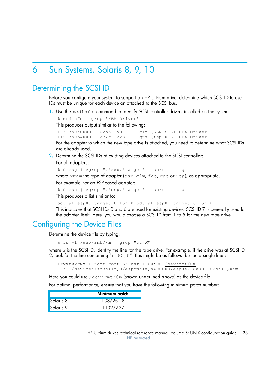 Sun systems, solaris 8, 9, 10, Determining the scsi id, Configuring the device files | 6 sun systems, solaris 8, 9, 10, Chapter 6 | HP Ultrium tape drives Q1538-90925 User Manual | Page 23 / 34