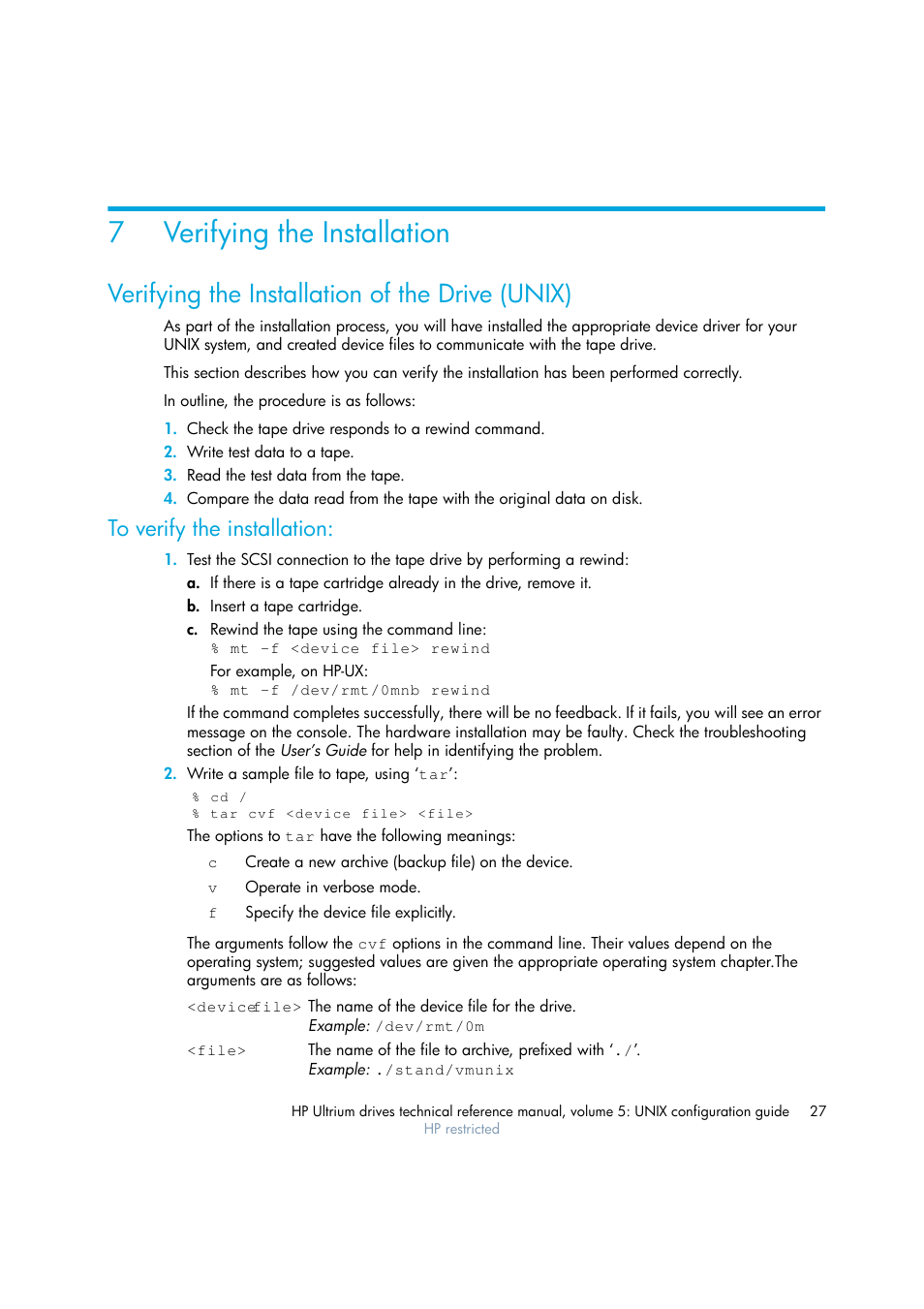 Verifying the installation, Verifying the installation of the drive (unix), To verify the installation | 7 verifying the installation, Chapter 7, 7verifying the installation | HP Ultrium tape drives Q1538-90925 User Manual | Page 27 / 34