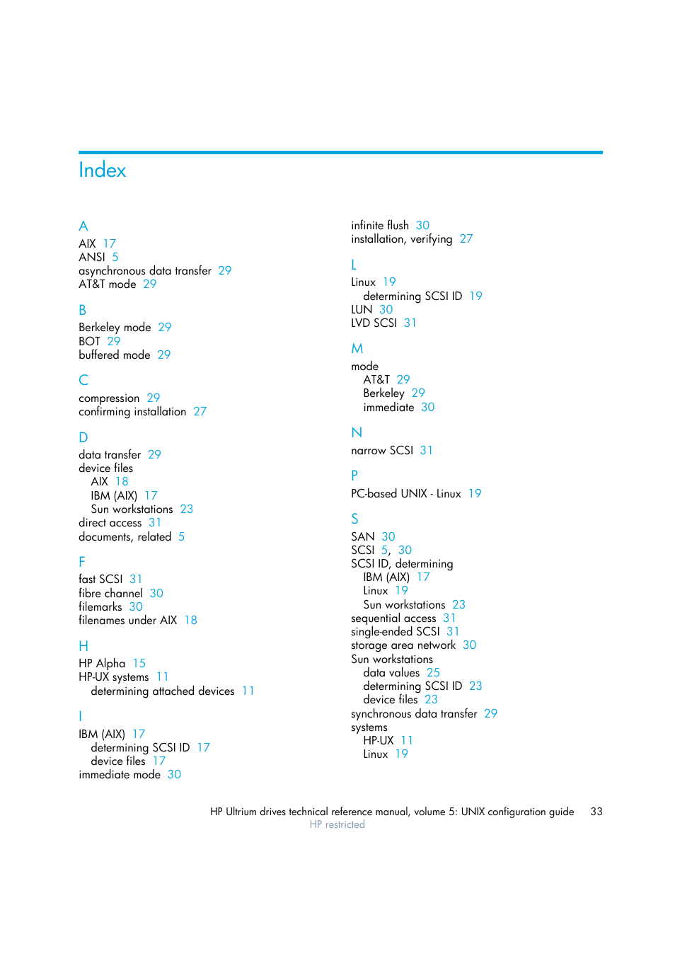 Index | HP Ultrium tape drives Q1538-90925 User Manual | Page 33 / 34