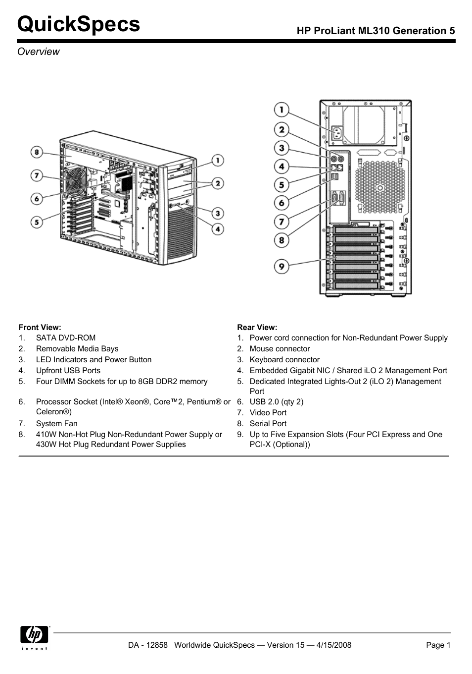 HP Hewlett-Packard ProLiant Generation 5 Computer ML310 User Manual | 32 pages