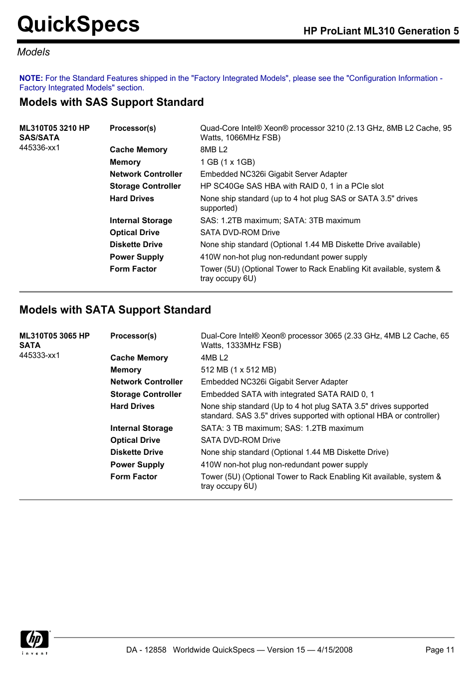 Models, Quickspecs, Models with sas support standard | Models with sata support standard, Hp proliant ml310 generation 5 models | HP Hewlett-Packard ProLiant Generation 5 Computer ML310 User Manual | Page 11 / 32