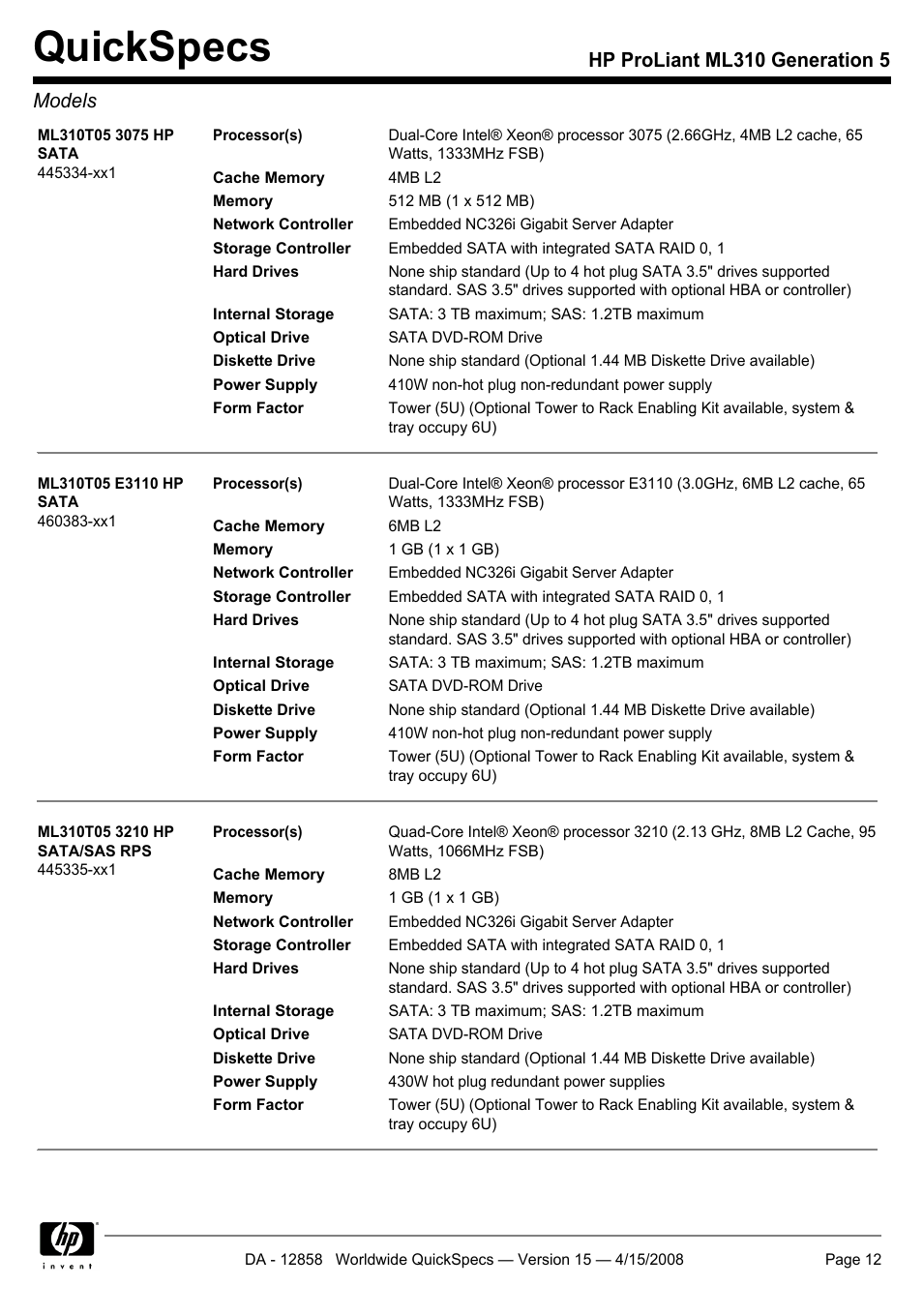 Quickspecs, Hp proliant ml310 generation 5 models | HP Hewlett-Packard ProLiant Generation 5 Computer ML310 User Manual | Page 12 / 32