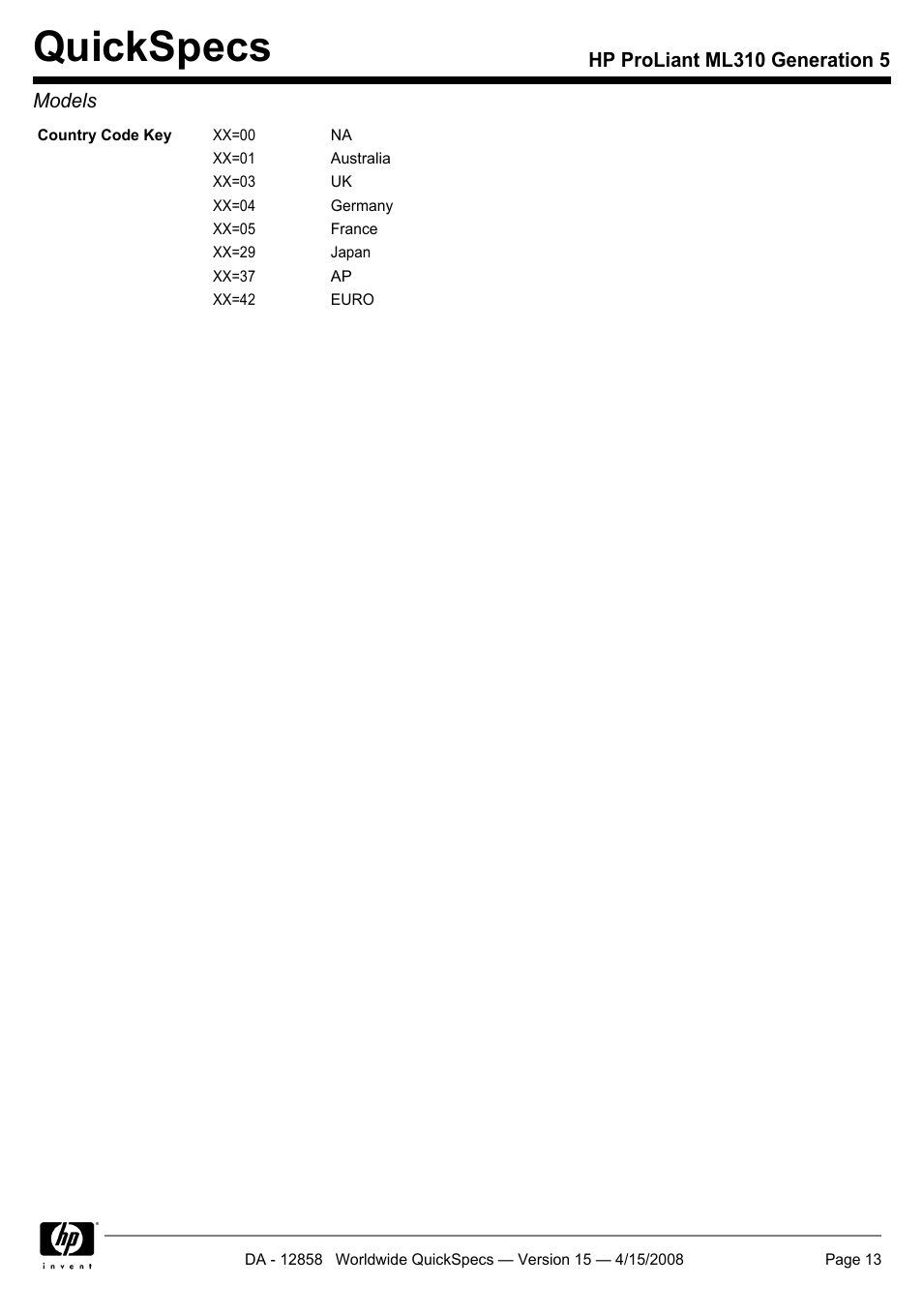 Quickspecs | HP Hewlett-Packard ProLiant Generation 5 Computer ML310 User Manual | Page 13 / 32