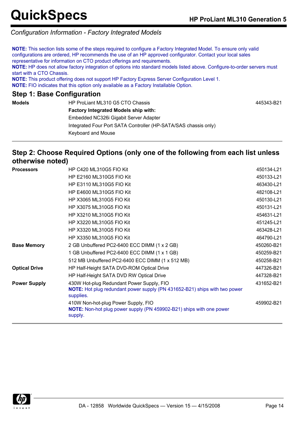 Quickspecs, Step 1: base configuration | HP Hewlett-Packard ProLiant Generation 5 Computer ML310 User Manual | Page 14 / 32