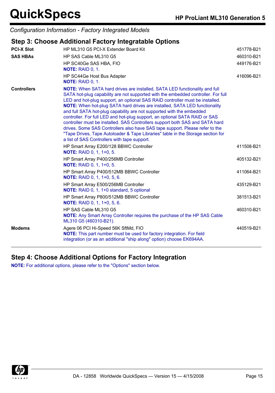 Quickspecs | HP Hewlett-Packard ProLiant Generation 5 Computer ML310 User Manual | Page 15 / 32