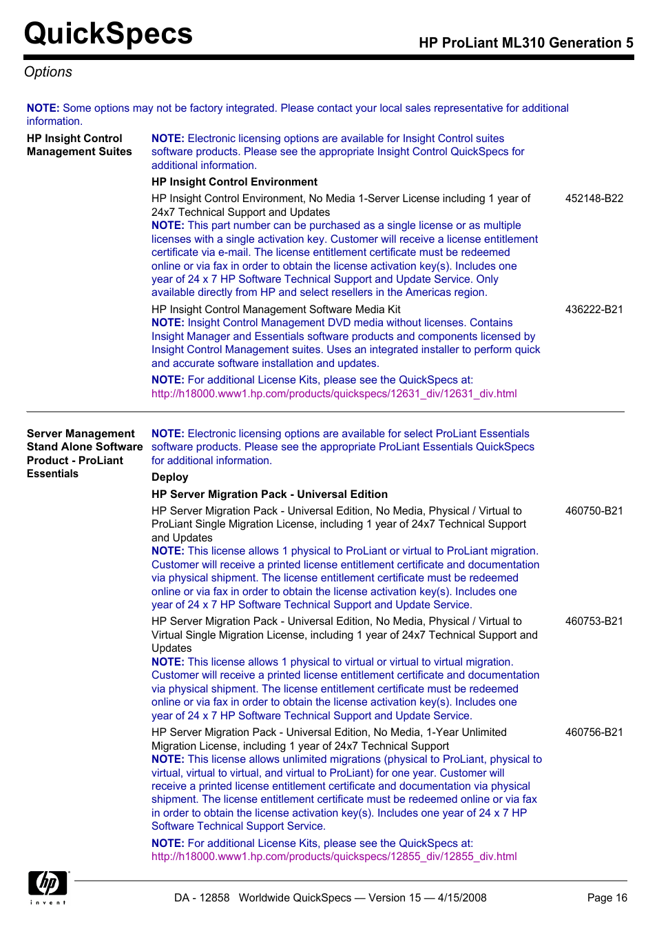 Options, Quickspecs, Hp proliant ml310 generation 5 options | HP Hewlett-Packard ProLiant Generation 5 Computer ML310 User Manual | Page 16 / 32