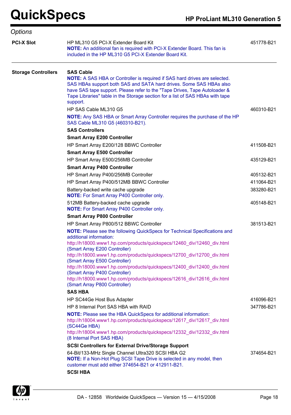 Quickspecs, Hp proliant ml310 generation 5 options | HP Hewlett-Packard ProLiant Generation 5 Computer ML310 User Manual | Page 18 / 32