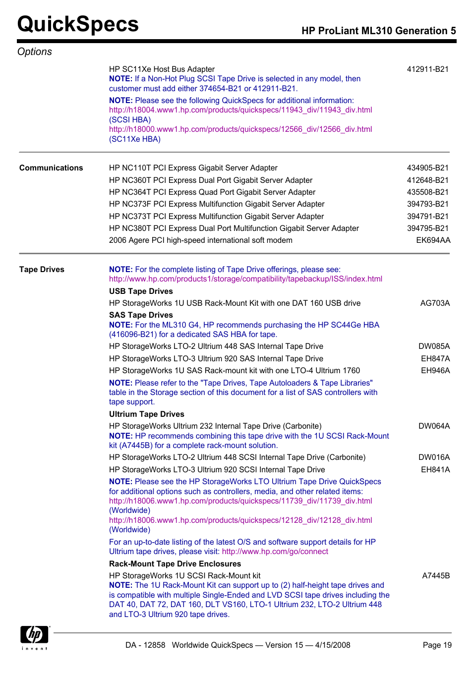 Quickspecs, Hp proliant ml310 generation 5 options | HP Hewlett-Packard ProLiant Generation 5 Computer ML310 User Manual | Page 19 / 32