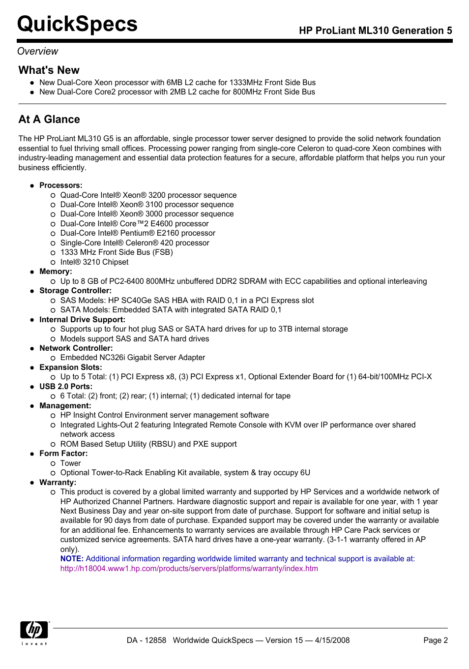 Quickspecs, What's new, At a glance | HP Hewlett-Packard ProLiant Generation 5 Computer ML310 User Manual | Page 2 / 32
