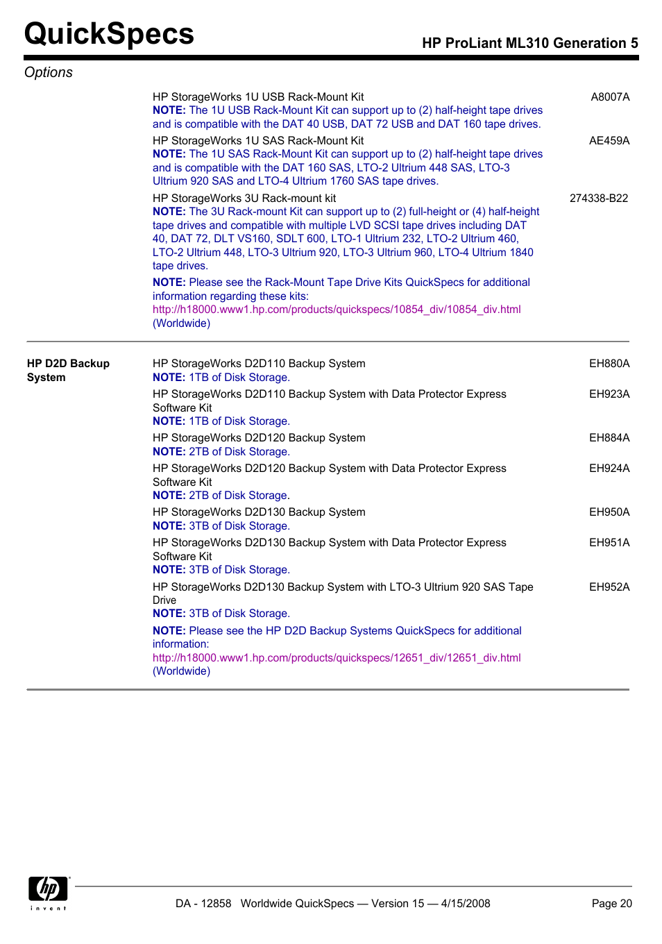 Quickspecs, Hp proliant ml310 generation 5 options | HP Hewlett-Packard ProLiant Generation 5 Computer ML310 User Manual | Page 20 / 32