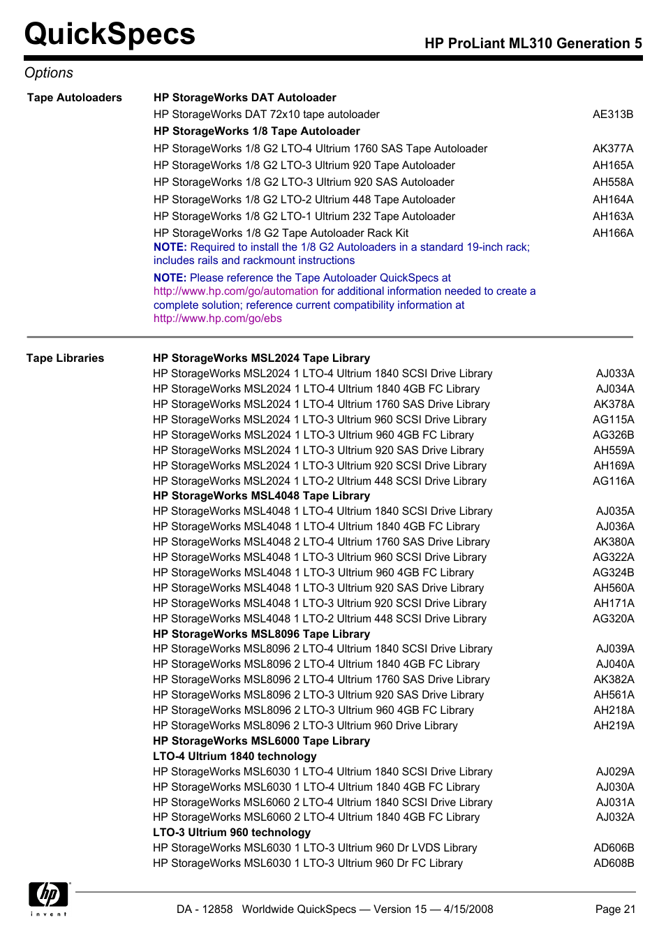 Quickspecs, Hp proliant ml310 generation 5 options | HP Hewlett-Packard ProLiant Generation 5 Computer ML310 User Manual | Page 21 / 32