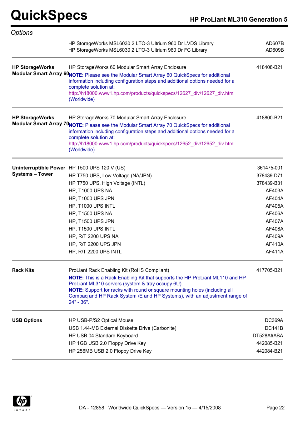 Quickspecs, Hp proliant ml310 generation 5 options | HP Hewlett-Packard ProLiant Generation 5 Computer ML310 User Manual | Page 22 / 32