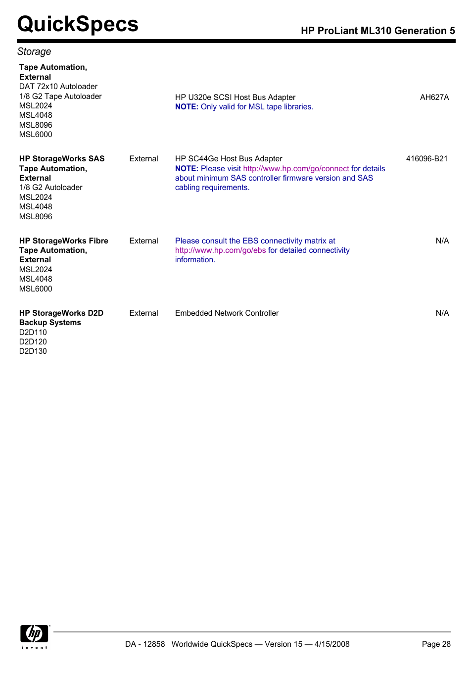 Quickspecs, Hp proliant ml310 generation 5 storage | HP Hewlett-Packard ProLiant Generation 5 Computer ML310 User Manual | Page 28 / 32