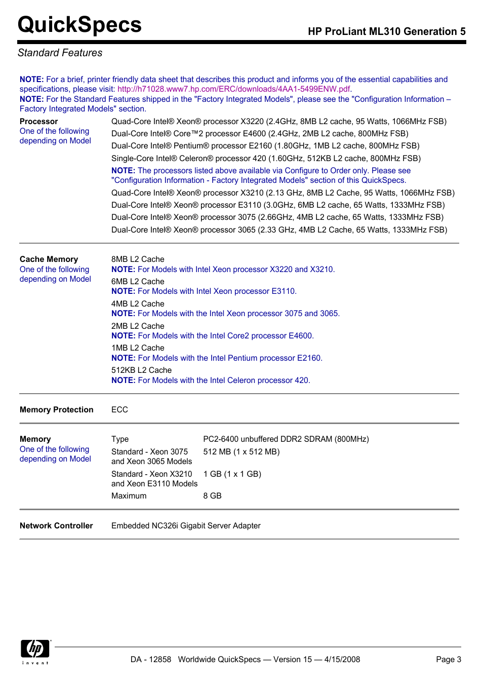 Standard features, Quickspecs, Hp proliant ml310 generation 5 standard features | HP Hewlett-Packard ProLiant Generation 5 Computer ML310 User Manual | Page 3 / 32