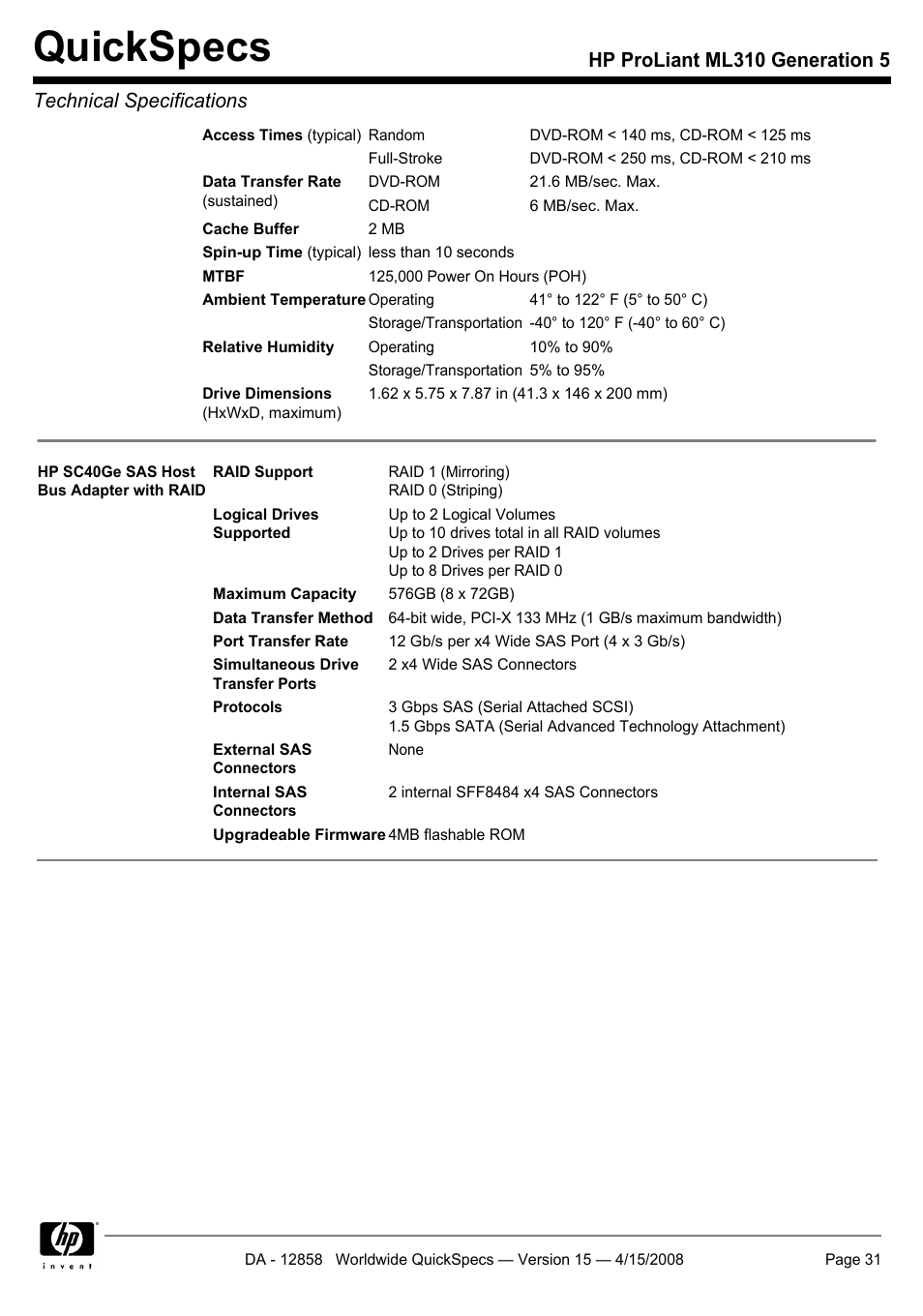 Quickspecs | HP Hewlett-Packard ProLiant Generation 5 Computer ML310 User Manual | Page 31 / 32