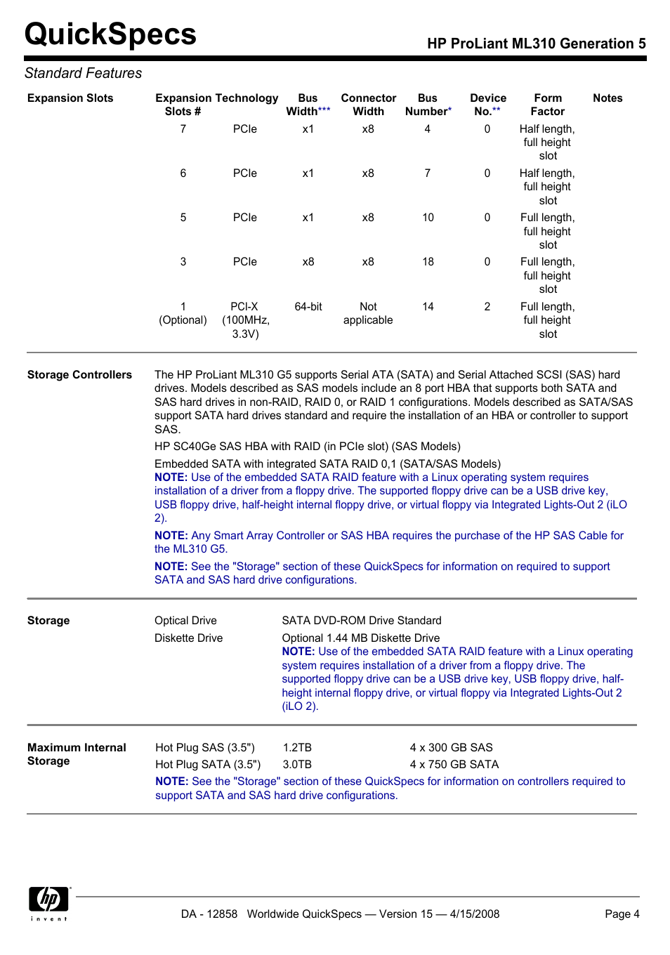 Quickspecs, Hp proliant ml310 generation 5 standard features | HP Hewlett-Packard ProLiant Generation 5 Computer ML310 User Manual | Page 4 / 32