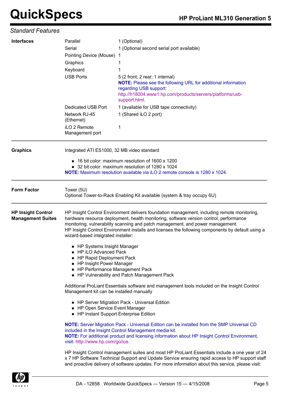 Quickspecs, Hp proliant ml310 generation 5 standard features | HP Hewlett-Packard ProLiant Generation 5 Computer ML310 User Manual | Page 5 / 32