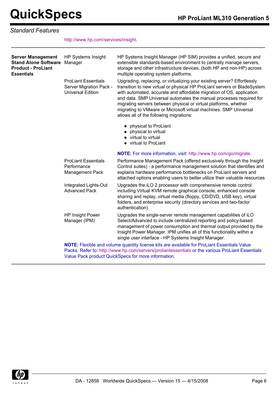 Quickspecs, Hp proliant ml310 generation 5 standard features | HP Hewlett-Packard ProLiant Generation 5 Computer ML310 User Manual | Page 6 / 32