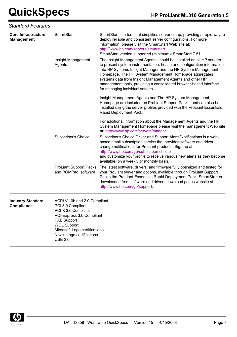 Quickspecs, Hp proliant ml310 generation 5 standard features | HP Hewlett-Packard ProLiant Generation 5 Computer ML310 User Manual | Page 7 / 32