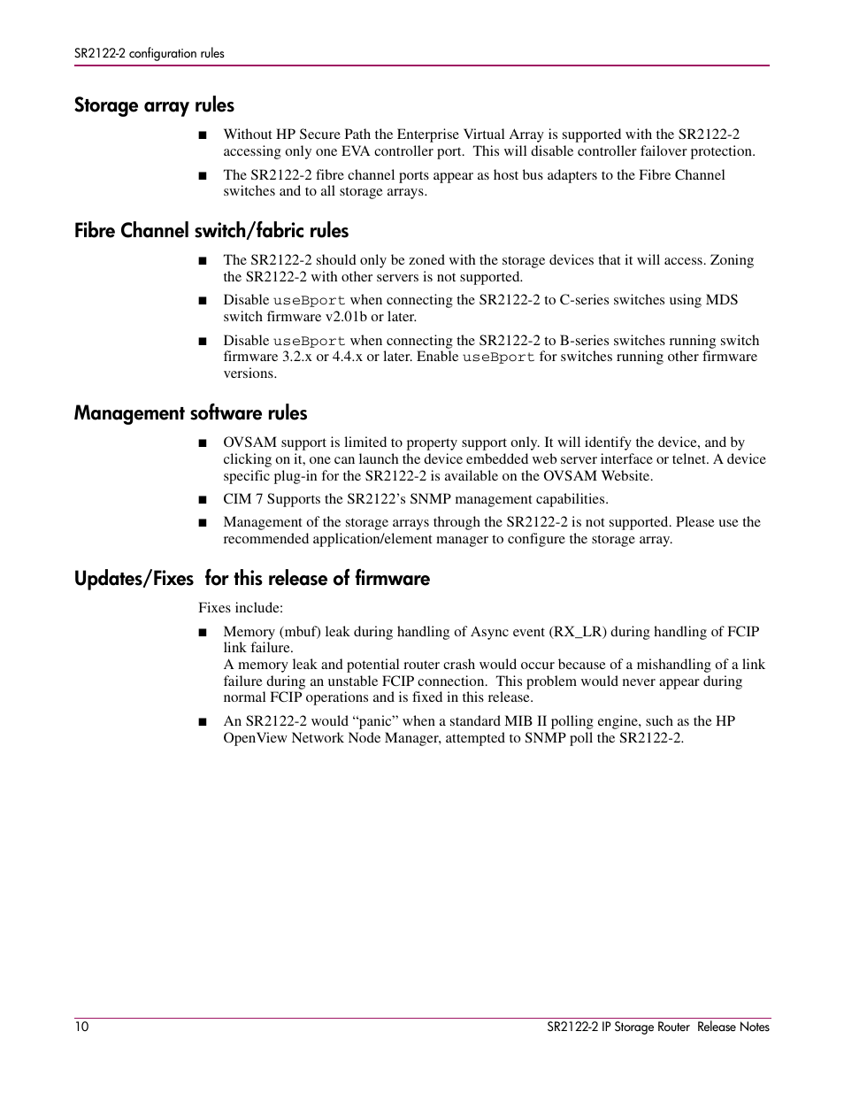 Storage array rules, Fibre channel switch/fabric rules, Management software rules | Updates/fixes for this release of firmware | HP SR2122-2 User Manual | Page 10 / 12