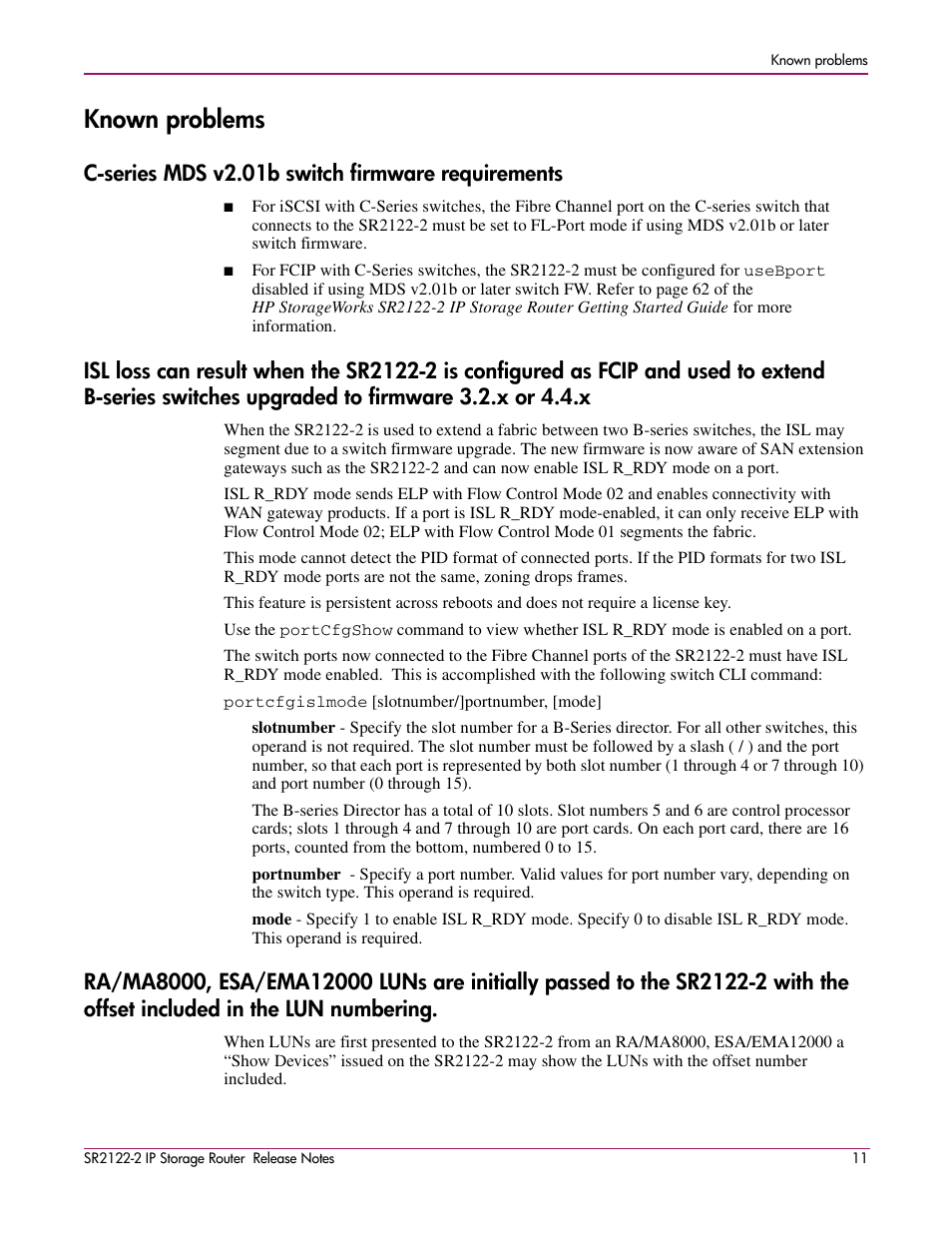 Known problems, C-series mds v2.01b switch firmware requirements | HP SR2122-2 User Manual | Page 11 / 12