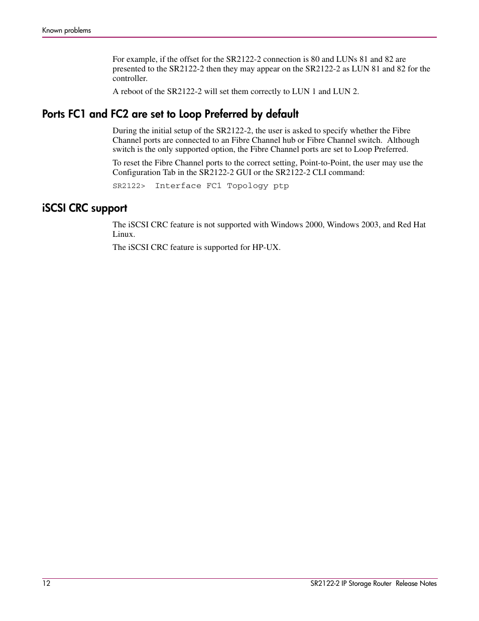 Iscsi crc support | HP SR2122-2 User Manual | Page 12 / 12