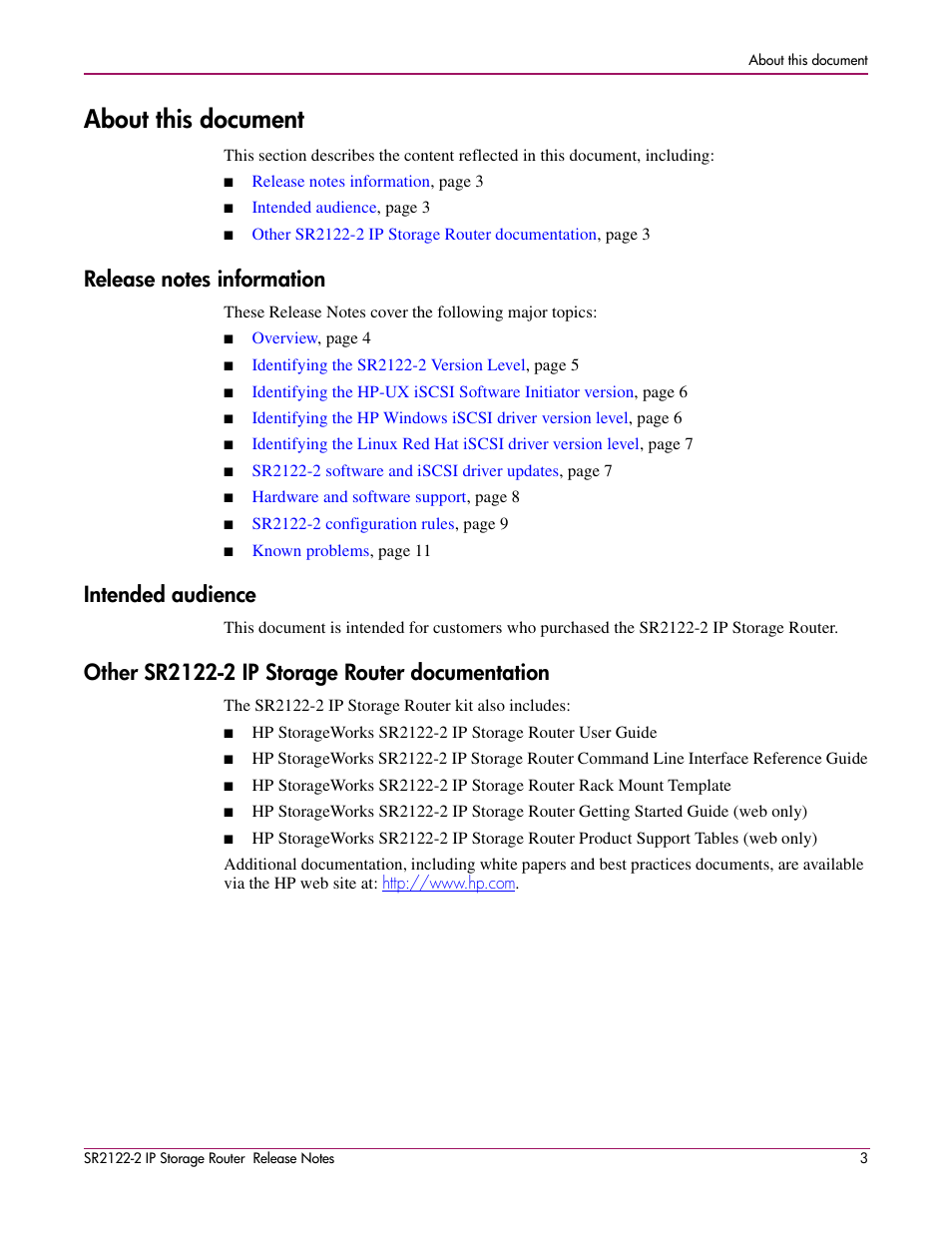 About this document, Release notes information, Intended audience | Other sr2122-2 ip storage router documentation | HP SR2122-2 User Manual | Page 3 / 12