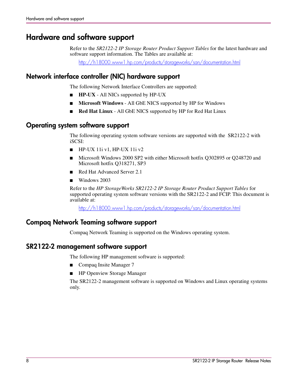 Hardware and software support, Operating system software support, Compaq network teaming software support | Sr2122-2 management software support | HP SR2122-2 User Manual | Page 8 / 12
