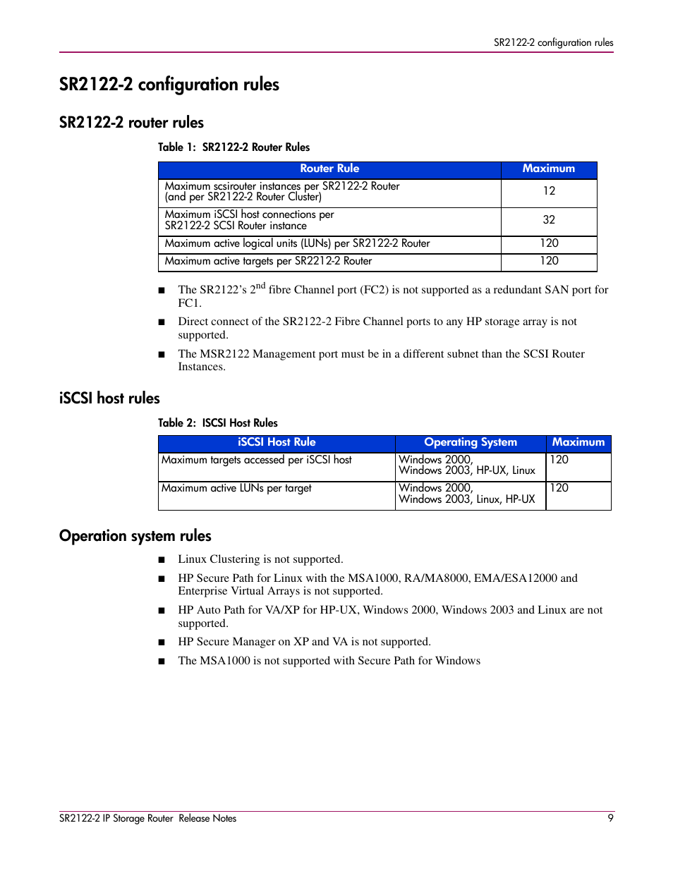 Sr2122-2 configuration rules, Sr2122-2 router rules, Table 1: sr2122-2 router rules | Iscsi host rules, Table 2: iscsi host rules, Operation system rules, Iscsi host rules operation system rules | HP SR2122-2 User Manual | Page 9 / 12