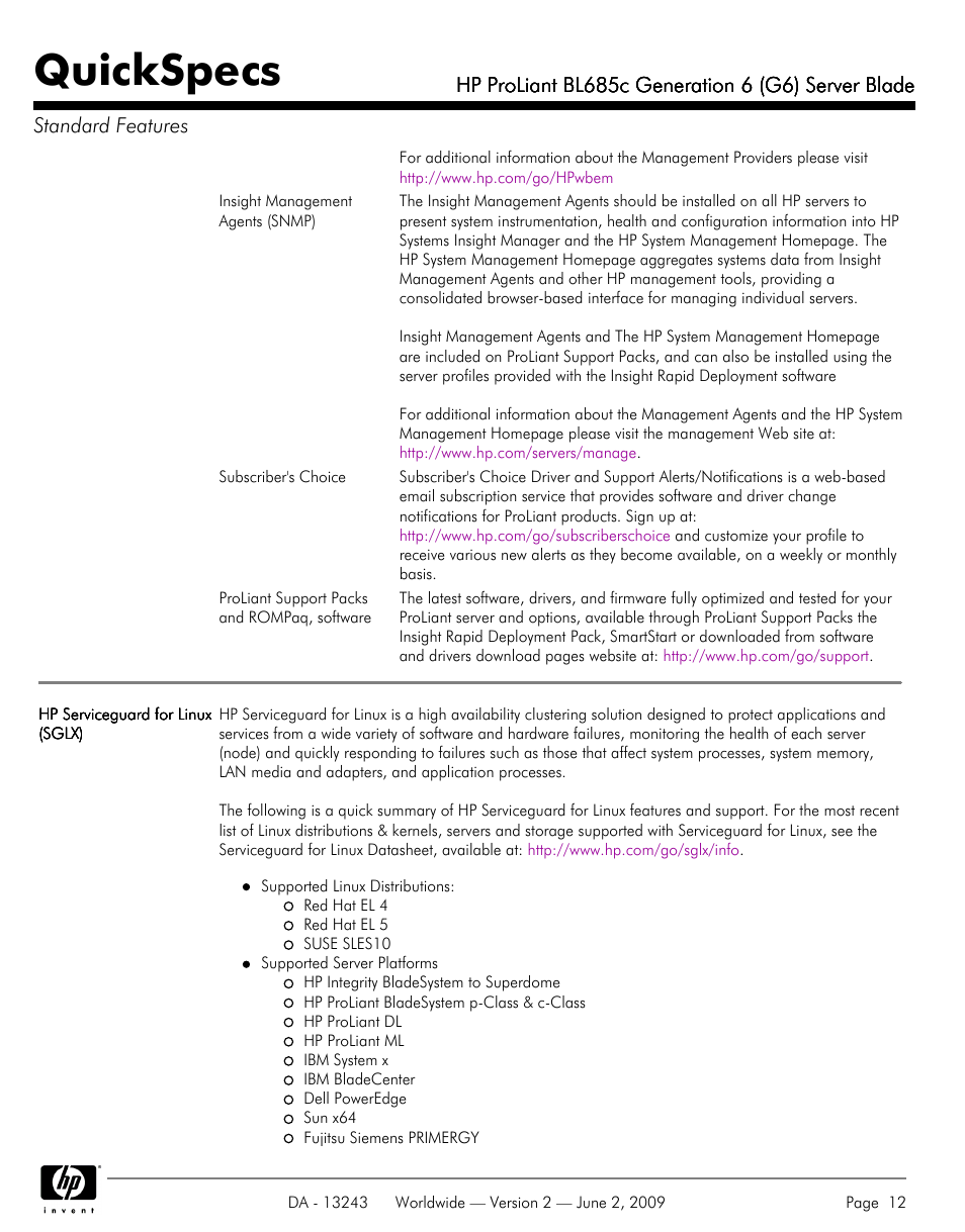 Quickspecs | HP PROLIANT BL685C User Manual | Page 12 / 33