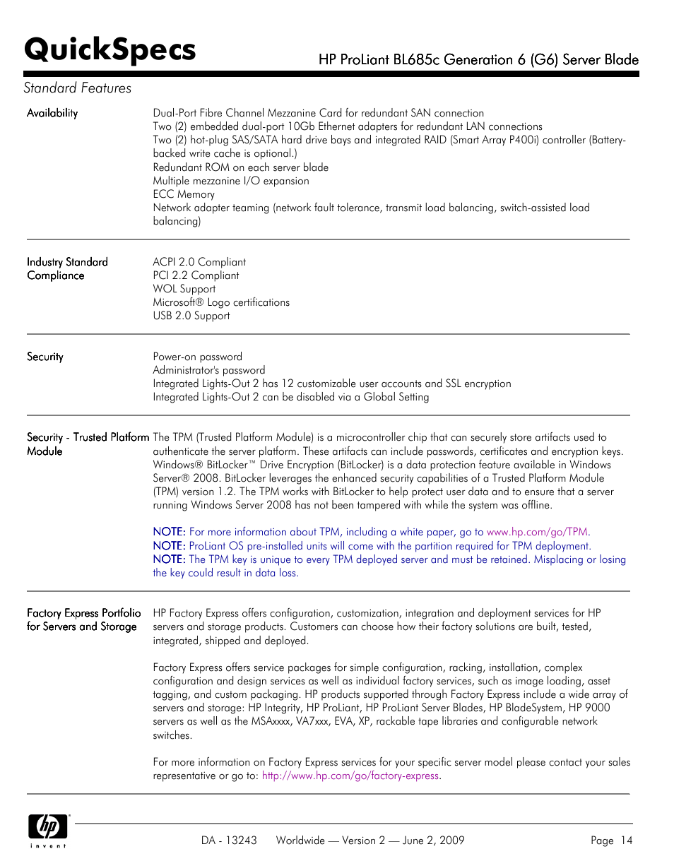 Quickspecs | HP PROLIANT BL685C User Manual | Page 14 / 33