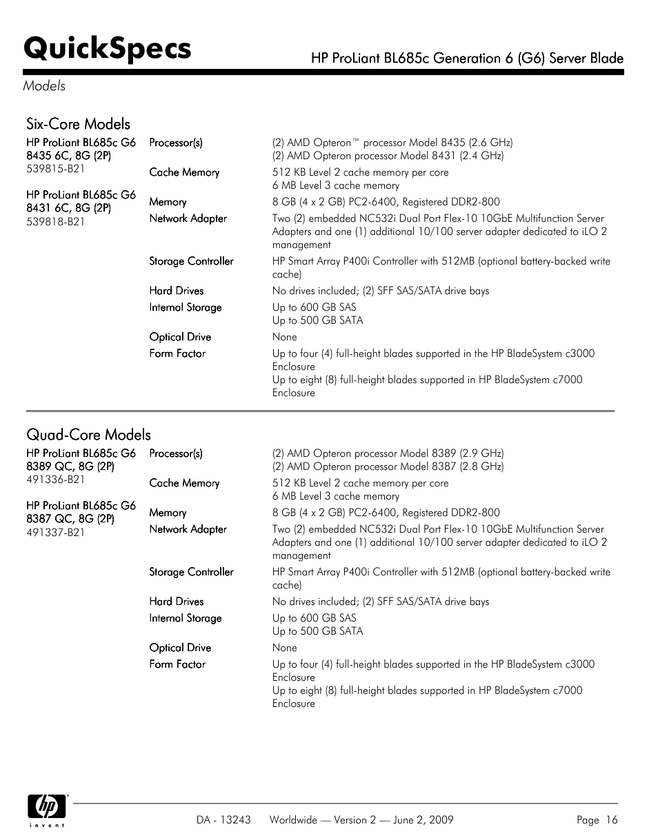 Models, Quickspecs, Six-core models | Quad-core models | HP PROLIANT BL685C User Manual | Page 16 / 33