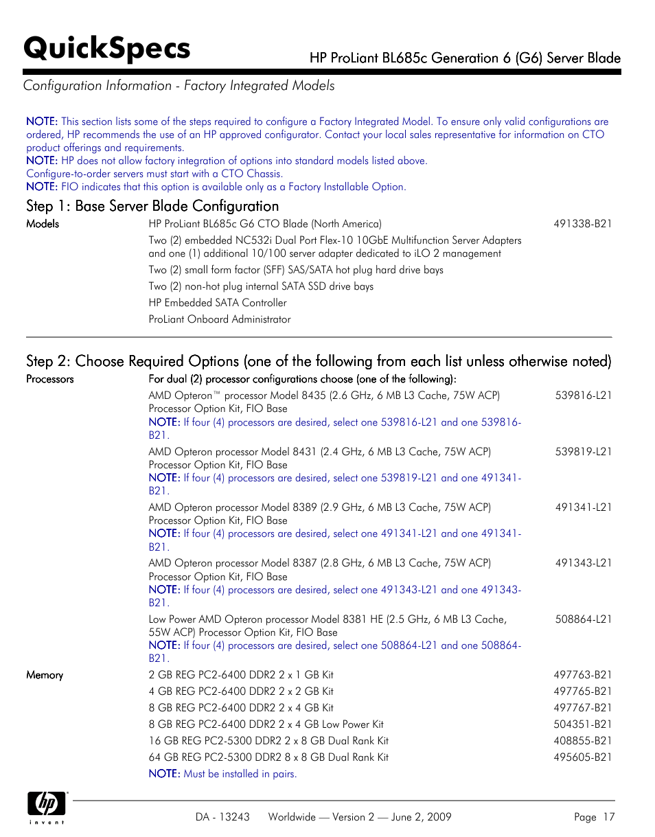 Quickspecs, Step 1: base server blade configuration | HP PROLIANT BL685C User Manual | Page 17 / 33