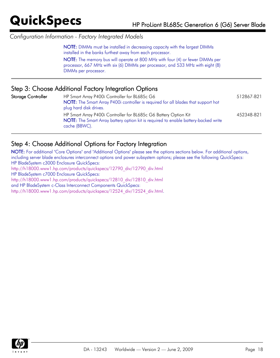 Quickspecs | HP PROLIANT BL685C User Manual | Page 18 / 33