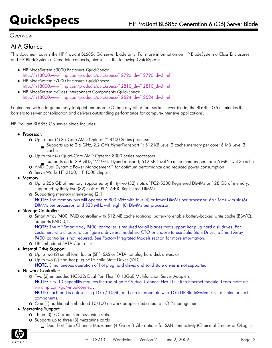 Quickspecs, At a glance | HP PROLIANT BL685C User Manual | Page 2 / 33