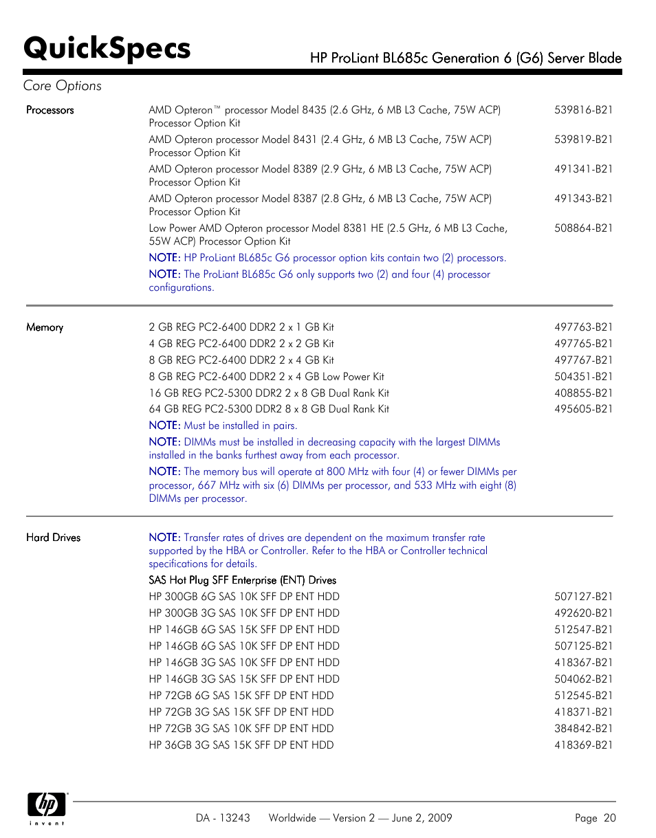 Quickspecs | HP PROLIANT BL685C User Manual | Page 20 / 33
