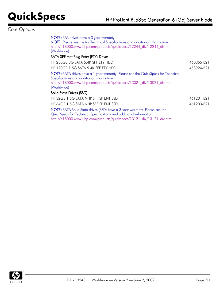 Quickspecs | HP PROLIANT BL685C User Manual | Page 21 / 33