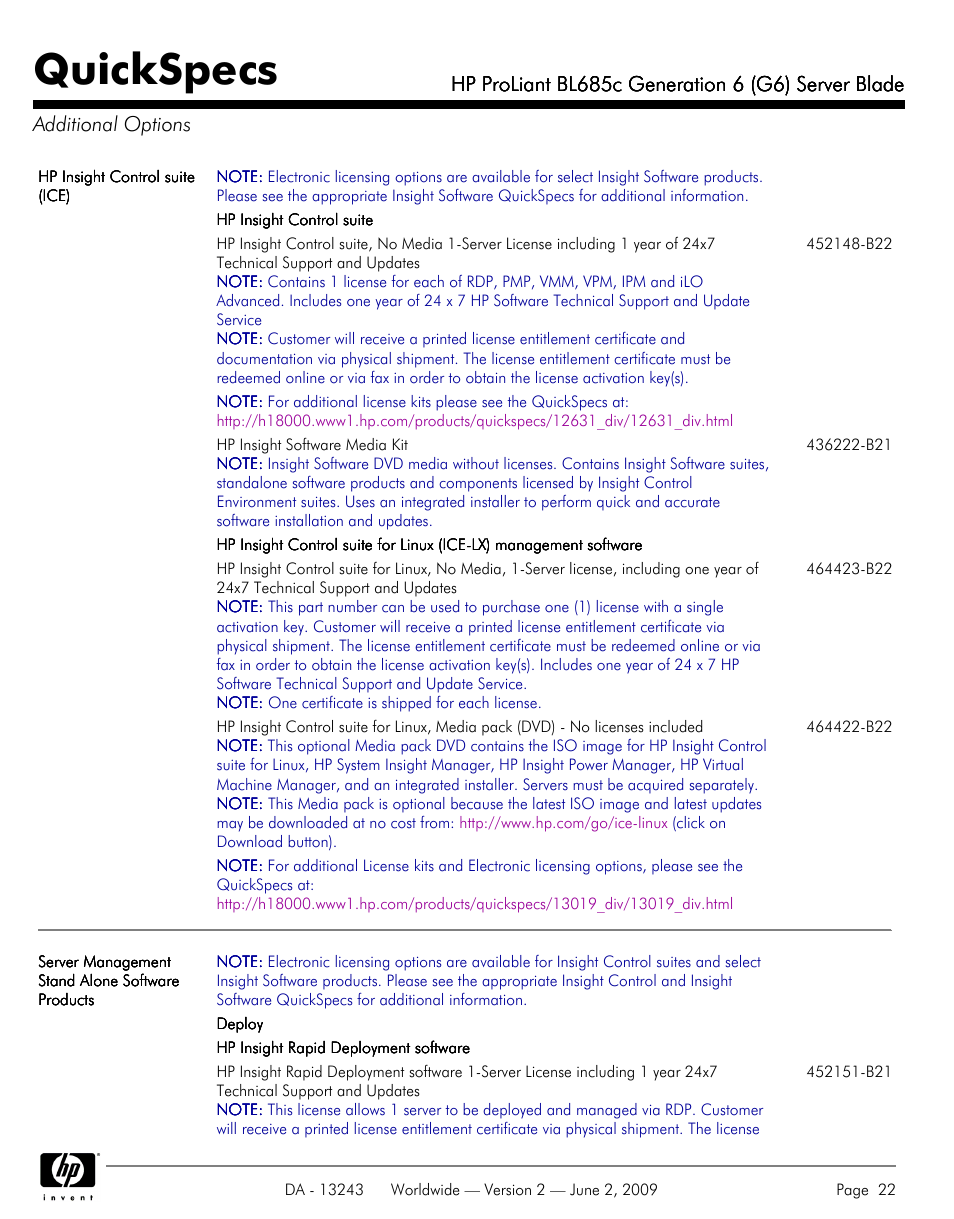 Additional options, Quickspecs | HP PROLIANT BL685C User Manual | Page 22 / 33