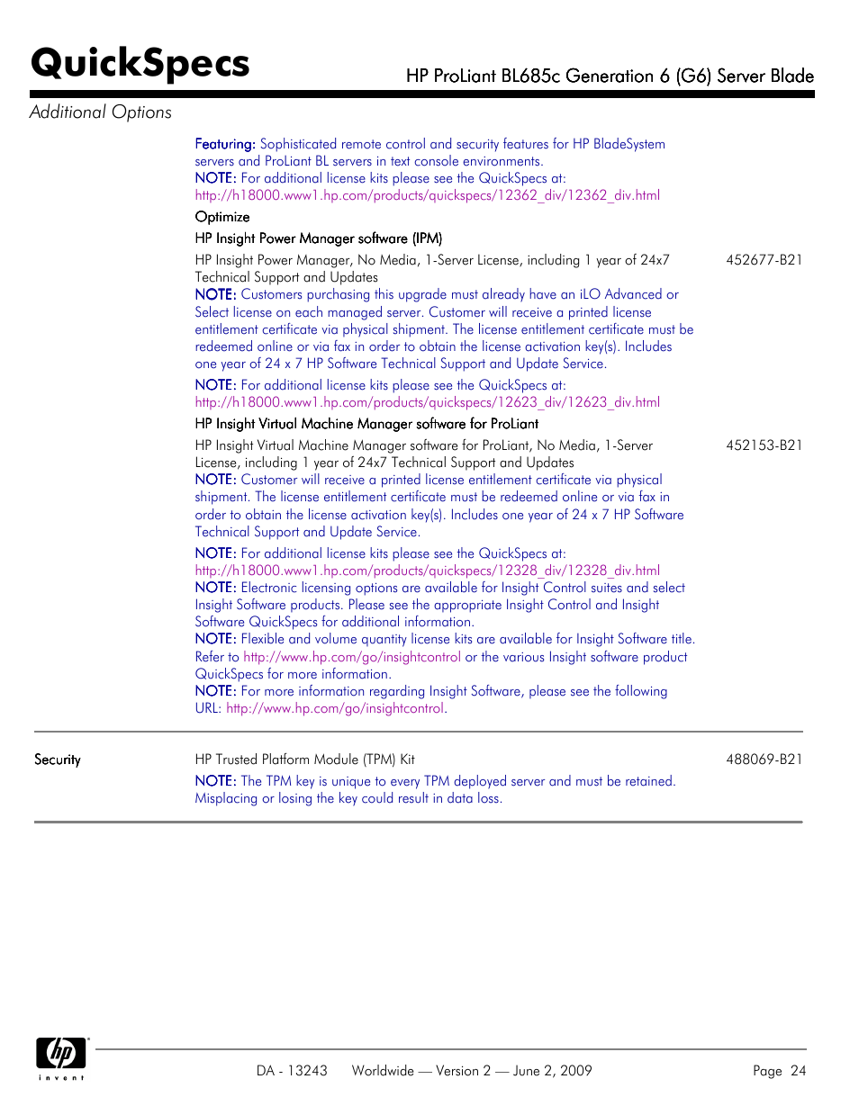 Quickspecs | HP PROLIANT BL685C User Manual | Page 24 / 33