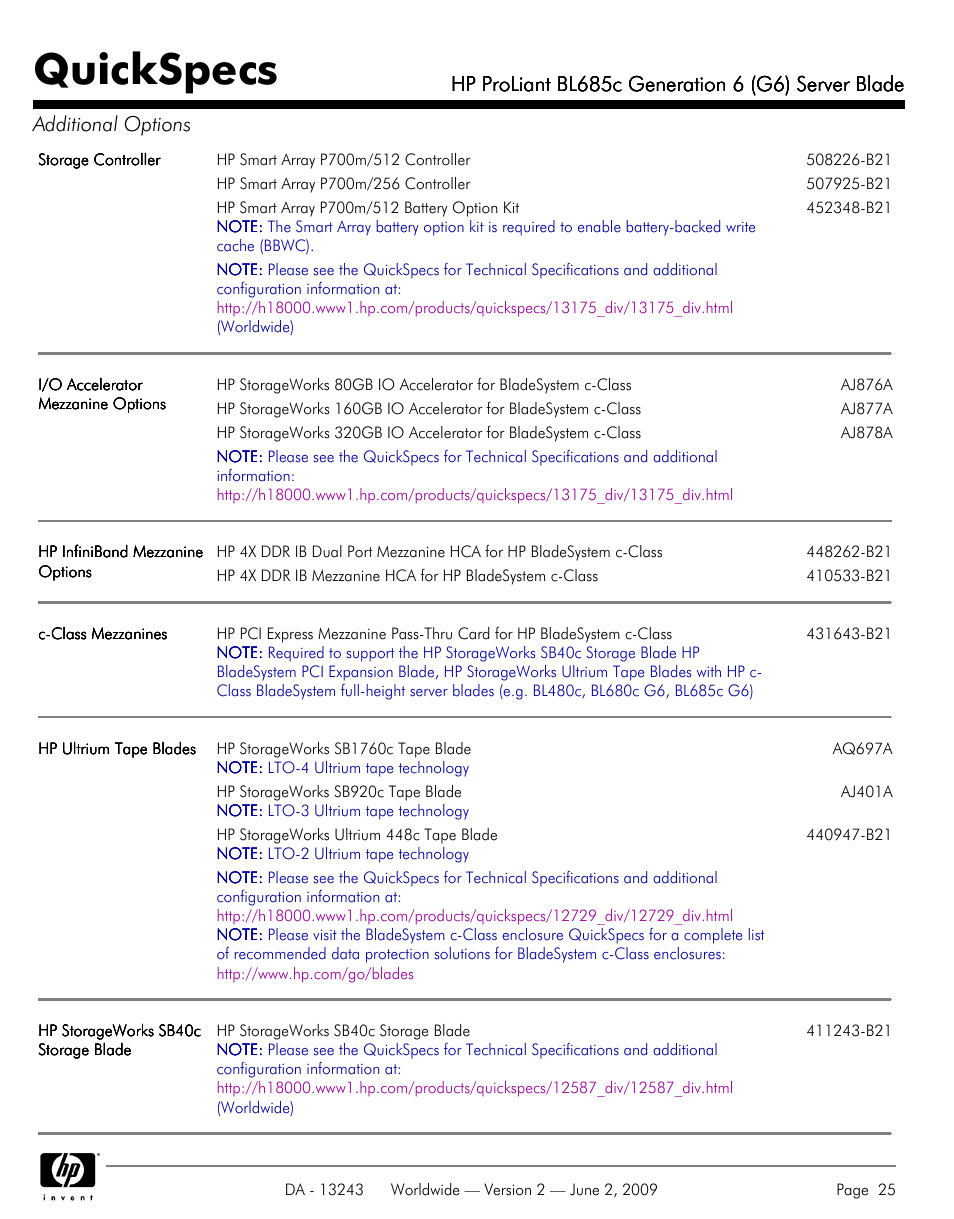 Quickspecs | HP PROLIANT BL685C User Manual | Page 25 / 33